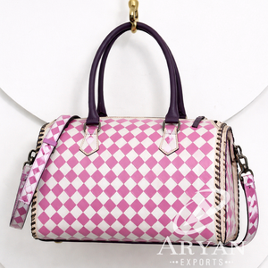 Stylish Large Checkered Speedy Bag Women's Hand <b>Tooled</b> <b>Leather</b> Travel Handbag Fashion Duffel Bag Designer Everyday Carry Purse - Product Image 1