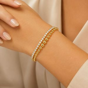 Double Layer Stainless Steel <b>Bracelet</b> 18K <b>Gold</b> Plated with Cubic Zirconia Tennis Chain for Women - Product Image 2