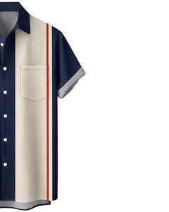 Camisa de Manga Corta con Botones y Estampado Geométrico Retro Azul Marino y Beige, Informal, de Verano, para Hombre, Fabricante OEM, Suministro al por Mayor - Product Image 4