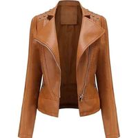 Blouson moto en cuir PU pour femme, col montant, manches longues, fermeture éclair, couleur unie, coupe courte, idéal pour l'automne