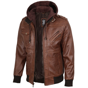 Veste en cuir marron premium pour homme, style motard vintage, coupe ajustée, en PU, avec capuche amovible, coupe-vent d'hiver - Product Image 6