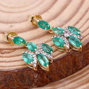 Natural Emerald and <b>Diamond</b> Gemstone Drop <b>Dangle</b> <b>Earrings</b> in 14k Yellow Gold Handmade Jewelry for Wedding Gift and Wholesale - Product Image 4