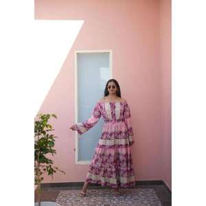 Bohemian Full Sleeve Off shoulder Floral Floor-Length Natural Waist Eco-Friendly Cotton Summer Holiday Dress for Women - Product Image 1