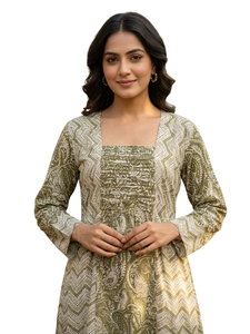 Robe maxi verte imprimée à col carré et manches longues, coupe ample, tissu tissé décontracté, à porter toute l'année - Product Image 3
