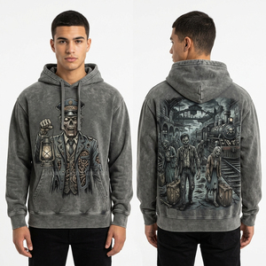 Sweat-shirt à capuche personnalisé vert délavé pour homme, motif Zombie Ranger Safari, streetwear oversize, en molleton effet vieilli - Product Image 6