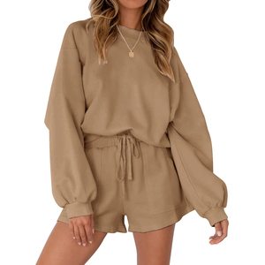 Nouvel ensemble sweat-shirt et short en tricot 100 % coton, col rond, solide, écologique, séchage rapide, 2 pièces, du meilleur fournisseur - Product Image 3