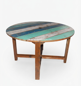 Mesa de Comedor Redonda de Madera Maciza Hecha a Mano, Diseño Antiguo, Ecológica, para 6 Personas - Product Image 1