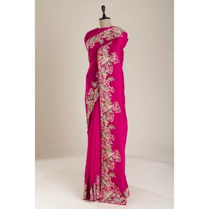 TRENDING SECUENCIA DE BORDADO DE SECUENCIA DE HILO CODIFICACIÓN TRABAJO SAREE CON BLUSA DESCOSADA ROSA - Product Image 1