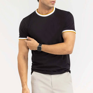<b>Men's</b> <b>Black</b> Slim Fit O Neck <b>Short</b> <b>Sleeve</b> T <b>Shirt</b> With Contrast Trim Casual Knitted Cotton Tee Solid Color Regular Length - Product Image 4