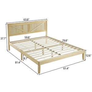 <b>Queen</b> <b>Size</b> Solid Wood Platform <b>Bed</b> <b>Frame</b> with Natural Headboard Handcrafted Wooden <b>Beds</b> - Product Image 3
