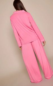 Ensemble de pyjama deux pièces en coton doux de haute qualité pour femmes, rose, tissé, manches longues, col rabattu, classique, ensemble complet - Product Image 2