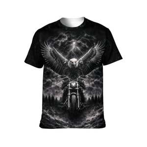 เสื้อยืดแขนสั้นสีดำสำหรับผู้ชาย พิมพ์ลายอินทรีและมอเตอร์ไซค์ ทรงปกติ คอกลม สไตล์นักขี่มอเตอร์ไซค์ ผ้าเจอร์ซีย์ - Product Image 3