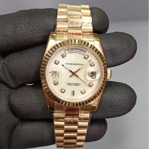 Reloj Mecánico de Lujo Vintage Moderno de 36 mm en Oro Rosa con Esfera Blanca, Marcadores de Hora con Diamantes, Edición Limitada de Alta Calidad de 12 mm - Product Image 1