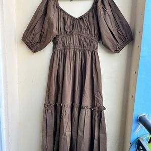 Robe en coton pour femme, col cœur, marron, mi-longue, décontractée, à manches bouffantes, avec poche, unie, robe maxi, cadeau pour elle - Product Image 1