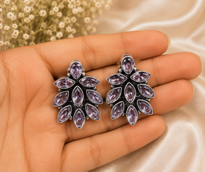 Bulk Price Ethnic Boho Trendy <b>Stud</b> Floral Brass Antique <b>Silver</b> Plated Bezel Setting Zircon Wedding <b>Earrings</b> Women Wholesale - Product Image 3