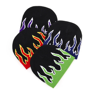 Unisex Knitted <b>Beanie</b> Hat With Flame Pattern Street Style Winter Headwear 56-58CM Acrylic <b>Skull</b> Cap Contrast Color Design - Product Image 2