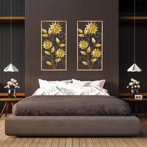 Décoration murale en métal doré avec motif floral, élégante sculpture murale 3D en forme de fleurs et de feuilles pour salon, chambre à coucher, lot de 2 - Product Image 4