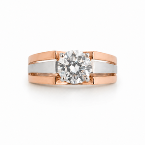 18K Rose Gold <b>Mens</b> Diamond Solitaire <b>Ring</b> Round Cut Two Tone Band Modern Geometric Design Luxury Fine Jewelry Wedding Party - Product Image 2