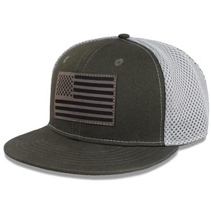 Casquette Trucker Unisexe 6 Panneaux Vert Olive avec Dos en Maille et Applique Drapeau Américain sur le Devant, Ajustement Réglable, Chapeau Décontracté pour Adulte - Product Image 1