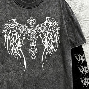 <span class=keywords><strong>T</strong></span>-shirts à manches longues déchirés avec motifs personnalisés pour hommes, style vintage délavé à l'acide, en tissu gaufré, effet vieilli, double couche - Product Image 3