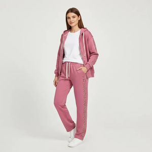 Ensemble de survêtement rose à capuche pour femme, orné de strass, manches longues, fermeture éclair, coupe décontractée, couleur unie, idéal pour l'automne - Product Image 5