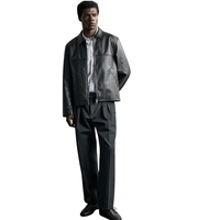 Veste streetwear pour homme en cuir véritable noir, col chemise, fermeture éclair sur le devant, coupe décontractée, minimaliste, vêtement d'extérieur de mode haut de gamme personnalisé OEM