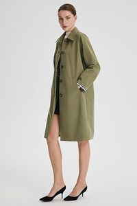 Gabardina Larga Verde Oliva para Mujer, Manga Larga, Cuello con Muescas, Cierre de Botones, Color Sólido, Algodón, Ropa de Abrigo para Otoño - Product Image 4