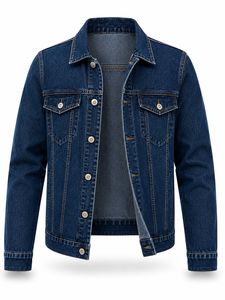 Veste en jean bleu foncé pour homme, 100% coton, coupe classique, fermeture à boutons, style décontracté, vêtement d'automne, coupe-vent, écologique, vintage - Product Image 1