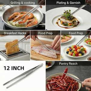 Pince de cuisine en acier inoxydable de 12 pouces, pinces alimentaires pour la cuisson, pince longue pour pâtes, pointes dentelées, sûres pour la vaisselle et l'électrique, compatibles lave-vaisselle et four - Product Image 5