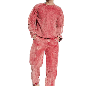 Men's Acid Wash <b>Pink</b> Tracksuit Set Loose Hip Hop Streetwear Crew Neck <b>Sweatshirt</b> Joggers - Product Image 3