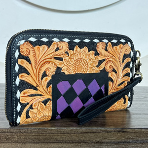 Premium Handcrafted Hand Tooled Genuine Leather Floral Checkered Pattern <b>Card</b> <b>Holder</b> Wallet For Women's Everyday Use Clutches - Product Image 3