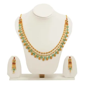 Ensemble collier et boucles d'oreilles plaqué or, multi-couches, perles vertes et perles de culture, pour femme, style traditionnel, mariage, fête, ethnique - Product Image 3