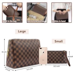 Sac de voyage pour maquillage en cuir imperméable à carreaux marron portable, sac plat carré, ensemble de 2 pièces, étuis cosmétiques - Product Image 4