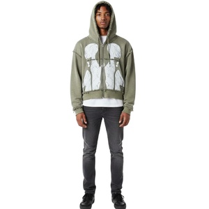 Olive Green <b>Zip</b>-Up <b>Hoodie</b> Abstract Print Oversized Fit Unisex Casual Knitted Sweatshirt Front Logo Design Winter 100% Cotton - Product Image 4