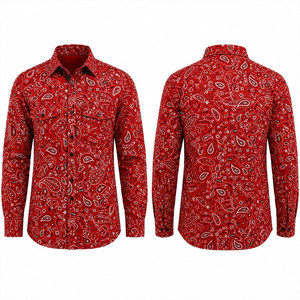 เสื้อเชิ้ตทำงานแขนยาวลายพิมพ์เพสลีย์สีแดงสำหรับผู้ชาย ผ้าฝ้ายระบายอากาศ แฟชั่นยูนิฟอร์ม - Product Image 1