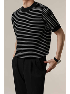 Camiseta de manga corta a rayas, 100% algodón suave, cuello redondo, corte regular, informal, tejida y transpirable para hombre. - Product Image 4