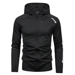 Sudadera con Capucha Negra para Hombre, Corte Ajustado, Manga Larga, Tejida, de Secado Rápido, Estilo Casual Otoñal, Color Sólido, Sin Forro - Product Image 1