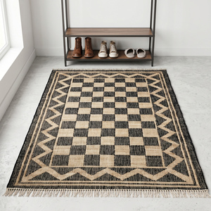 Tapis en jute tissé à la main texturé, beige et noir, motif géométrique moderne, antidérapant, épais, avec franges, pour salon, chambre, maison - Product Image 2