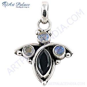 Fantástico collar con colgante de Plata a la moda con ónix negro y piedra lunar arcoíris elegante accesorio de moda - Product Image 1