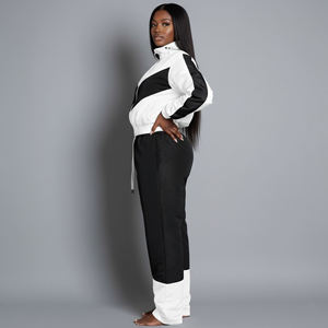 Ensemble de survêtement sportif deux pièces pour femme de haute qualité, coupe ample à manches longues, col montant zippé, color block, toutes saisons - Product Image 5