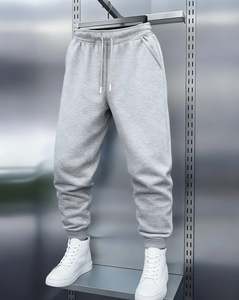 Men's Gray Sweatpants Mid Waist Drawstring Casual Joggers Pockets Autumn Wear Regular Fit Knitted Cotton Quick Dry Fleece - Product Image 1