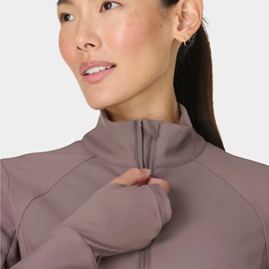 Veste de yoga pour femme à col montant et fermeture éclair intégrale, couleur unie, respirante, en spandex et polyester, à manches longues, haut de sport - Product Image 3
