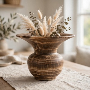 3. Vase évasé artisanal en travertin onyx brun, style agate rayée, large ouverture, récipient en pierre, tons terreux, marron argileux, luxe naturel - Product Image 1