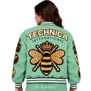Blouson Bomber Varsity Vert Menthe pour Femme avec Patch Brodé Style Baseball Universitaire Manches Longues Décontracté Streetwear Manteau Letterman - Product Image 2