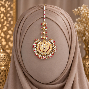 Gold Plated Red Beaded Kundan Style Maang Tikka with Faux Pearls <b>Pakistani</b> Bridal Hair <b>Jewelry</b> Wholesale Manufacturer - Product Image 6
