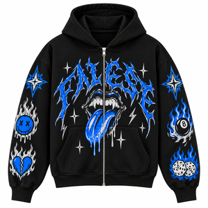 Sweat à capuche noir zippé pour homme avec logo en pierres, imprimé étoiles et flammes, style streetwear, coupe oversize - Product Image 1