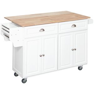 Carrello da Cucina Bianco con Ruote, Tavolo Pieghevole, Struttura in Acciaio e Acciaio al Carbonio, Piano in MDF e Dettagli in Ferro - Product Image 1