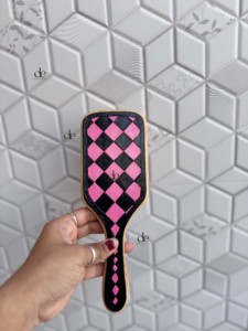 2026 New Design Handmade Hand <b>Tooled</b> <b>Leather</b> Wooden Hair Brush With Pink & Black Checkered Pattern Minimalist Design - Product Image 3