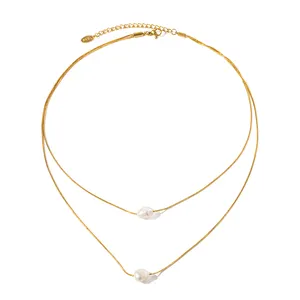 Elegant 18k Gold Plated Double Layered Freshwater Pearl Stainless Steel Pendant Necklace for Women