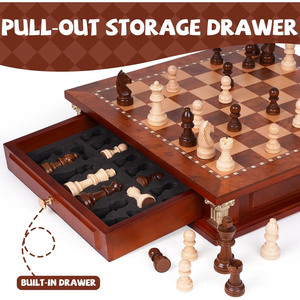 Handcrafted <b>Wooden</b> <b>Chess</b> <b>Set</b> Features A Built-In Storage Drawer Elegant Carved Pieces & Decorative Corner Accents for Family Fun - Product Image 2